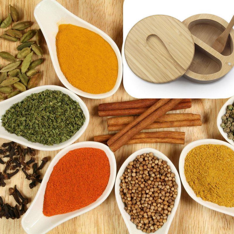 Bambuko prieskonių dėžutė su šaukštu besisukančiu dangteliu Bambuko prieskonių puodas Magnetinio siurbimo prieskonių puodas vienos ląstelės druskos dėžutė