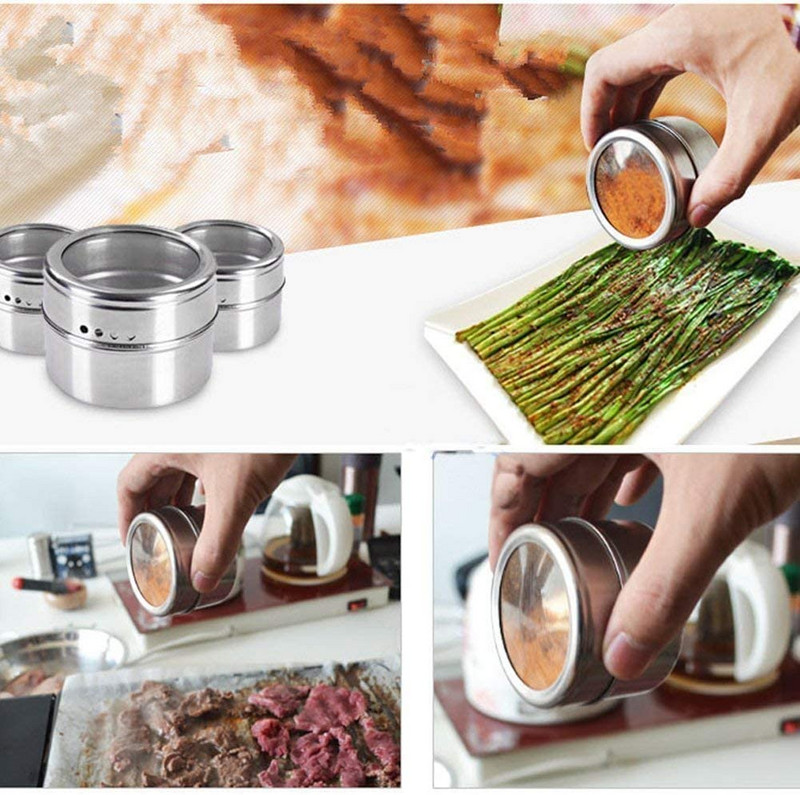 Magnetinių prieskonių stiklainių laikiklis su lipdukais Magnetinė prieskonių dėžutė nerūdijančio plieno prieskonių indeliai Organizatorius virtuvės prietaisų rinkiniai