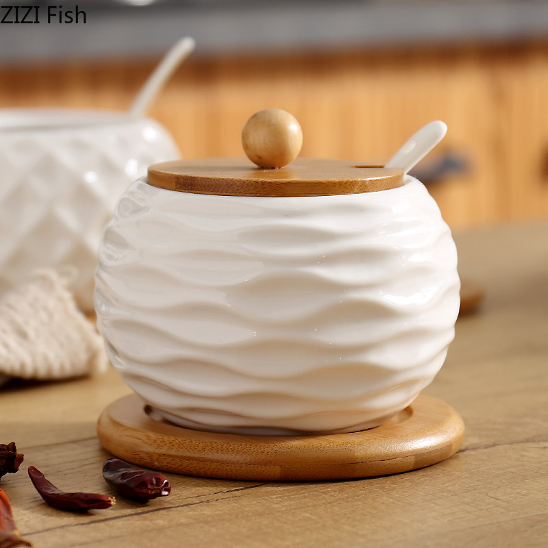 Japán stílusú kreatív kerámia egyfűszeres üveges konyhai tároló otthoni dekorációk fedéllel és kanállal