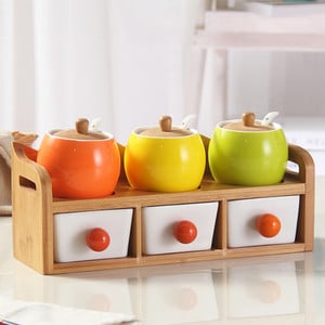 Virtuvės aksesuarai 1-7 vnt./komplektas Keraminių prieskonių puodų rinkinys Medinis padėklas Prieskonių indelis su mediniu dangteliu prieskonių dėžutė Druskos plaktuvas