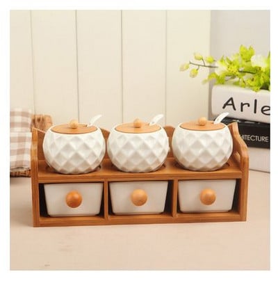 Virtuvės aksesuarai 1-7 vnt./komplektas Keraminių prieskonių puodų rinkinys Medinis padėklas Prieskonių indelis su mediniu dangteliu prieskonių dėžutė Druskos plaktuvas