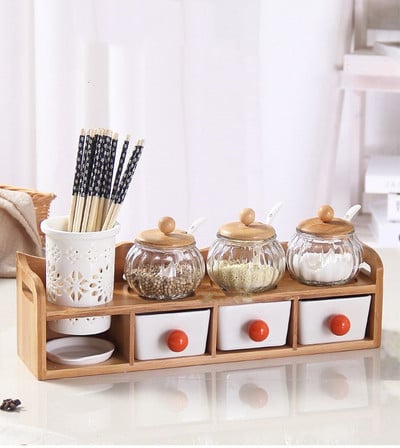 Virtuvės aksesuarai 1-7 vnt./komplektas Keraminių prieskonių puodų rinkinys Medinis padėklas Prieskonių indelis su mediniu dangteliu prieskonių dėžutė Druskos plaktuvas