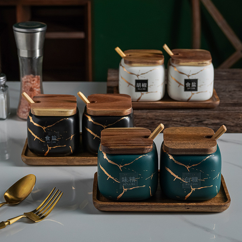 Japonijos virtuvės matinis prieskonių puodų rinkinys dviejų pakelių marmurinės keramikos buitinė kombinuota prieskonių dėžutė druskos cukraus prieskonių buteliukas