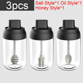 300 ml Condimente de sticlă Kit de condimente de bucătărie Sticle Sare și piper Linguri Borcane Perie de ulei Recipient pentru miere Set alimente Depozitare Transparent