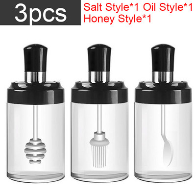 300 ml Condimente de sticlă Kit de condimente de bucătărie Sticle Sare și piper Linguri Borcane Perie de ulei Recipient pentru miere Set alimente Depozitare Transparent
