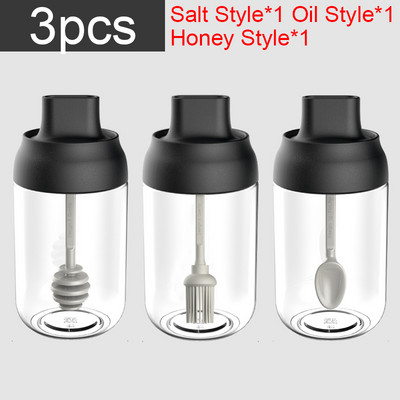300 ml Condimente de sticlă Kit de condimente de bucătărie Sticle Sare și piper Linguri Borcane Perie de ulei Recipient pentru miere Set alimente Depozitare Transparent