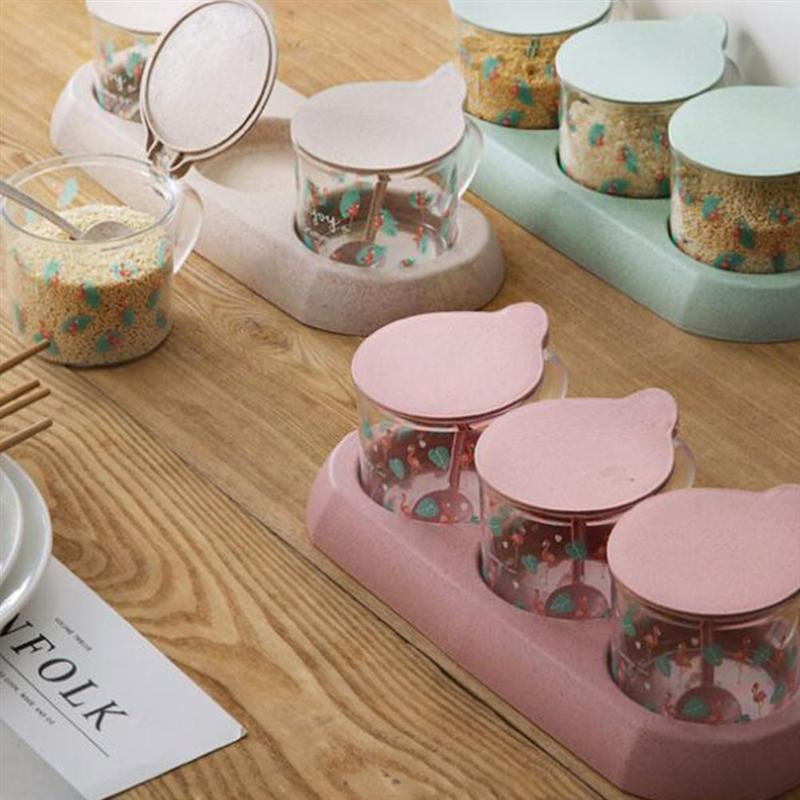 Set borcan de depozitare pentru condimente cu paie Borcane transparente pentru condimente Cutii de depozitare pentru uz casnic Oală pentru condimente Cutii pentru condimente de bucătărie Verde Roz Bej