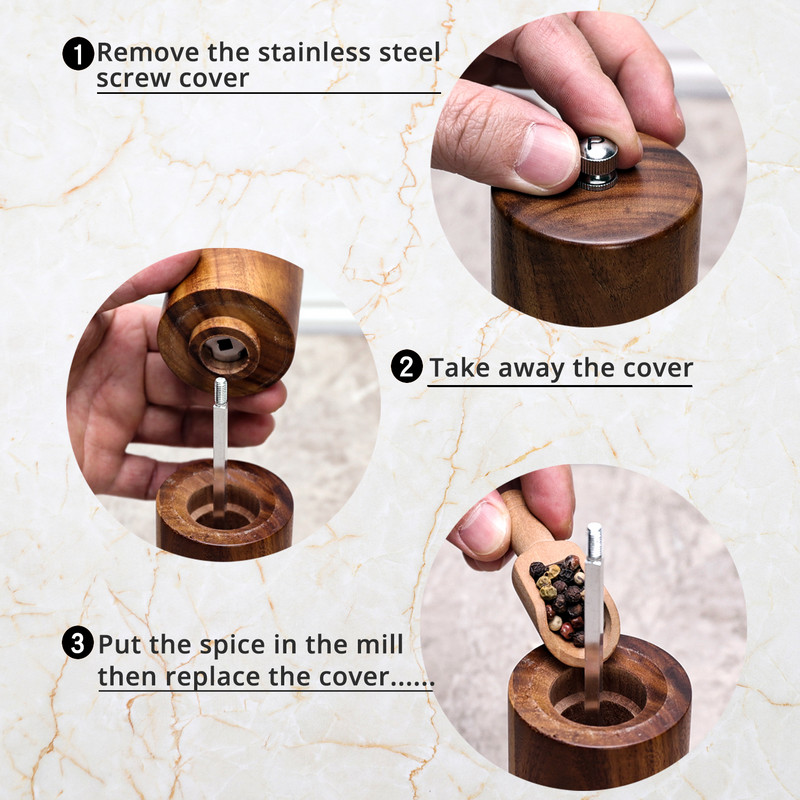 Fából készült só- és borsdaráló készlet, újratölthető és hozzáillő fatálca - magas, 8 hüvelykes akácfa só- és borsszórók
