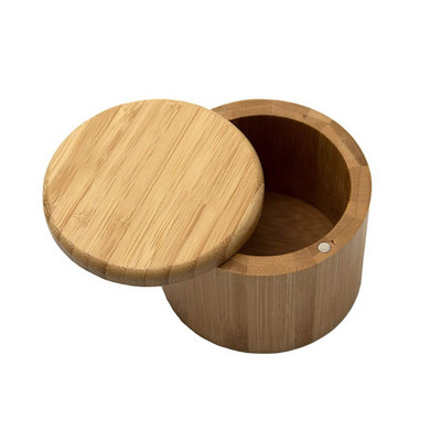Forgó fedeles sószóró doboz Nem mérgező kerek, teljesen bambusz fűszeres doboz forgatható fedéllel Környezetbarát konyha