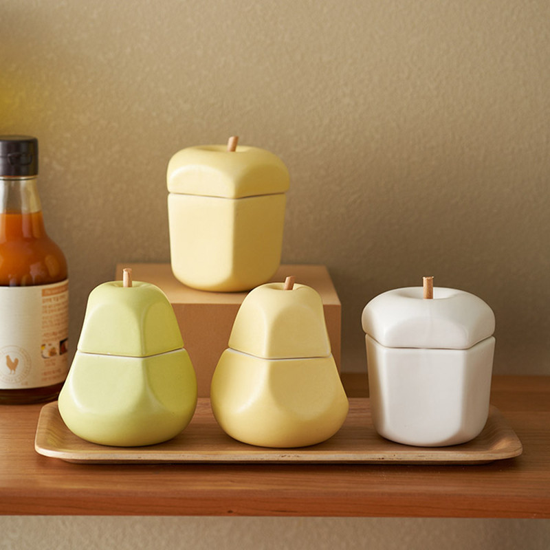 Acasa Ceramica Borcan de condimente Un singur zahăr Sare MSG Rezervor de depozitare cu capac de lingură Sticluță de condimente în formă de peră Accesorii de bucătărie