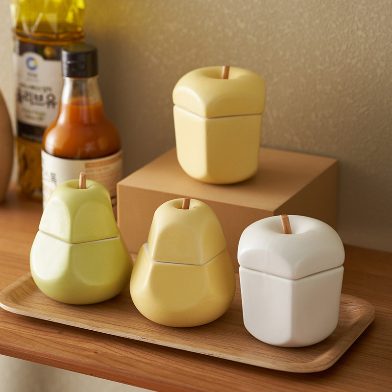 Acasa Ceramica Borcan de condimente Un singur zahăr Sare MSG Rezervor de depozitare cu capac de lingură Sticluță de condimente în formă de peră Accesorii de bucătărie