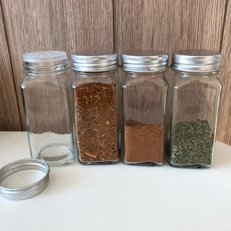 Set de borcane pentru condimente, 12 bucăți, sticlă de plastic transparentă, sticlă de ambalare pentru alimente, capac de metal ermetic, recipient pătrat gol pentru condimente