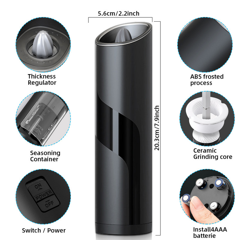 Elektrinė druskos arba pipirų malūnėlis, Baterija veikianti gravitacinė pipirų malūnėlis su šviesos perjungimo mygtuku, automatinis pipirų malūnas