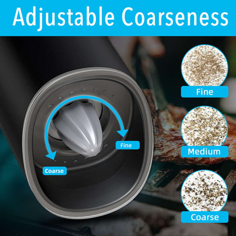 Elektrinė druskos arba pipirų malūnėlis, Baterija veikianti gravitacinė pipirų malūnėlis su šviesos perjungimo mygtuku, automatinis pipirų malūnas