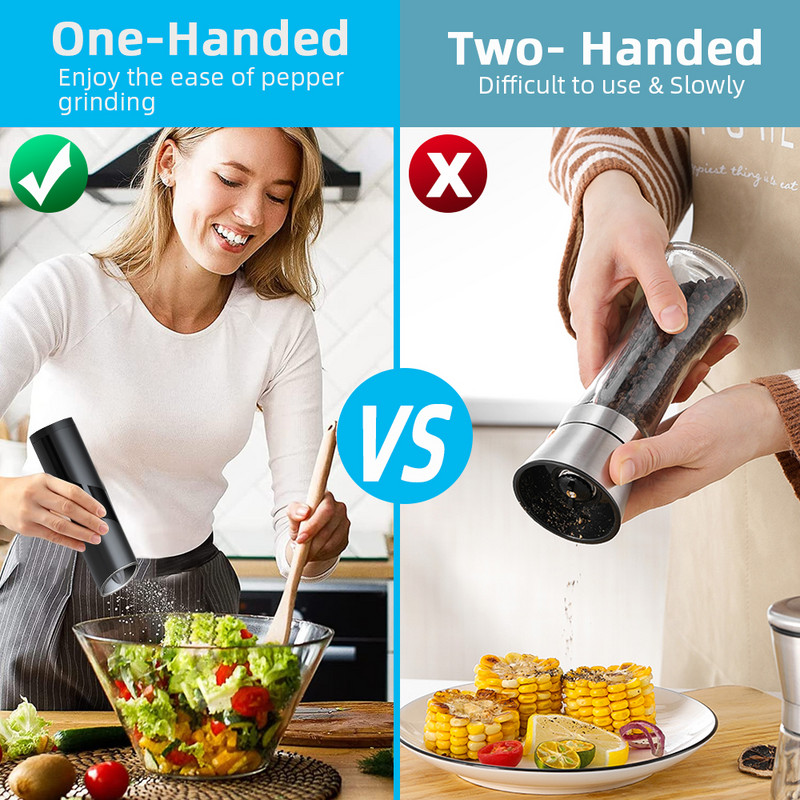 Elektrinė druskos arba pipirų malūnėlis, Baterija veikianti gravitacinė pipirų malūnėlis su šviesos perjungimo mygtuku, automatinis pipirų malūnas