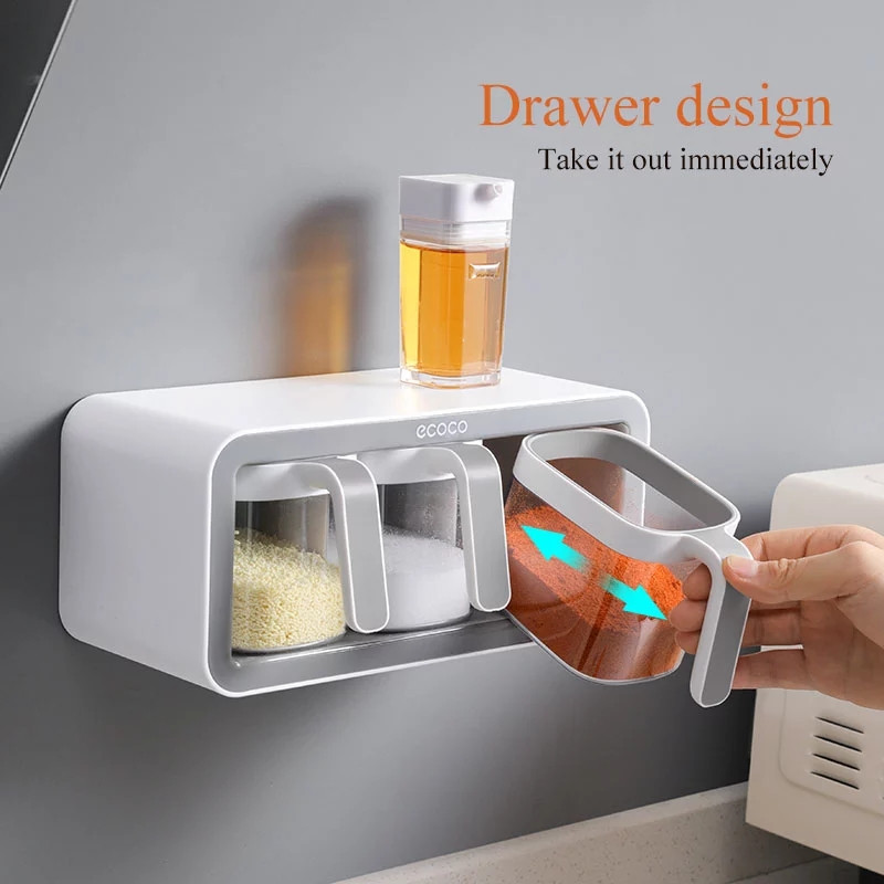 Suport pentru condimente cu montare pe perete, bol de zahăr, organizator de sare, recipient pentru condimente, cutii de condimente, accesorii de bucătărie, set de depozitare pentru bucătărie