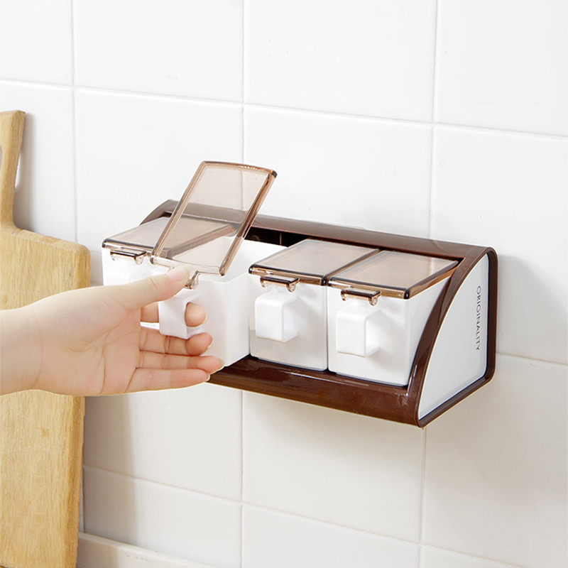 3/4 grile cutie pentru condimente pentru alimente Container unelte de bucătărie Cutii de condimente montate pe perete cutii de săruri cutie de depozitare sticle borcan de condimente cu linguri