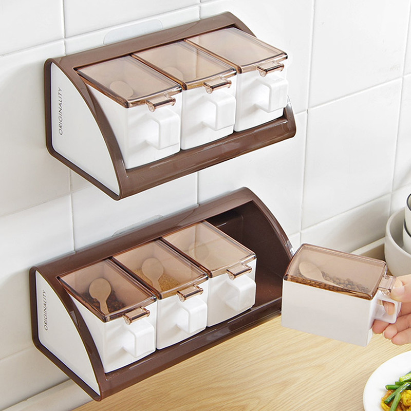 3/4 grile cutie pentru condimente pentru alimente Container unelte de bucătărie Cutii de condimente montate pe perete cutii de săruri cutie de depozitare sticle borcan de condimente cu linguri