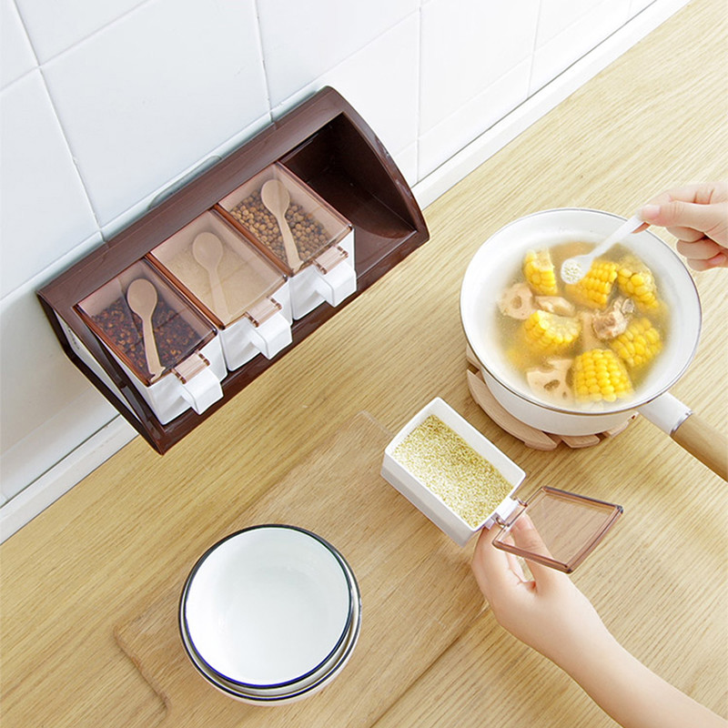 3/4 grile cutie pentru condimente pentru alimente Container unelte de bucătărie Cutii de condimente montate pe perete cutii de săruri cutie de depozitare sticle borcan de condimente cu linguri