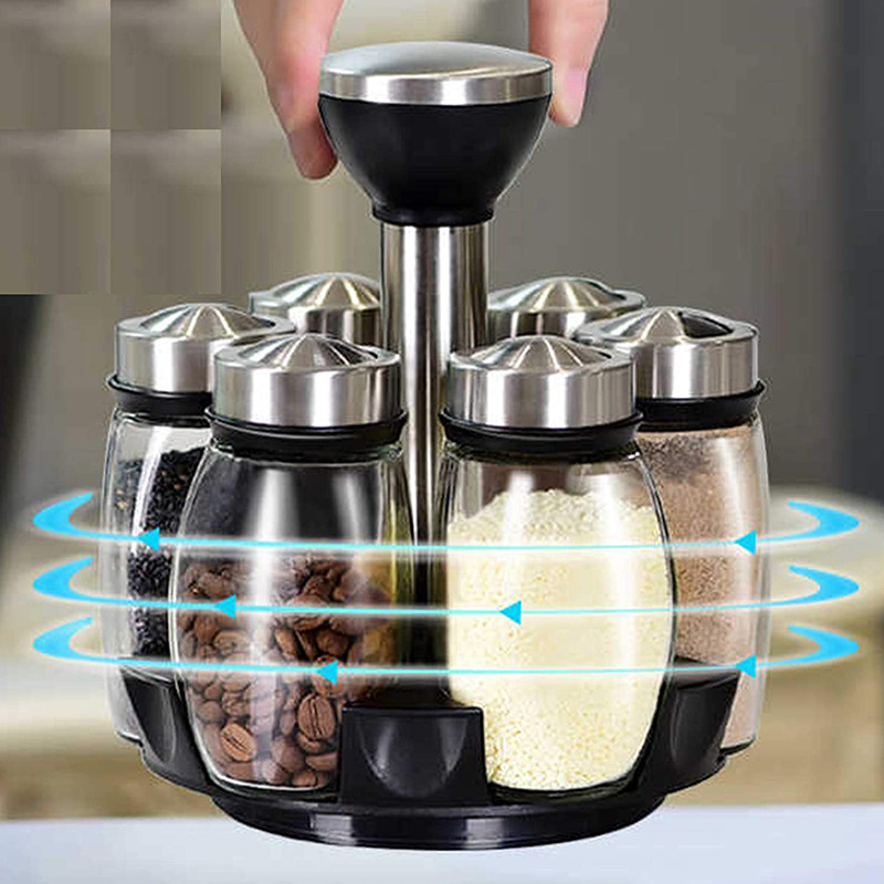 Forgó fűszertartó készletek Üveg Cukor Bors Só Bors Fűszertartó Olaj Ecet Shaker Tartó Konyhai tároló állvány