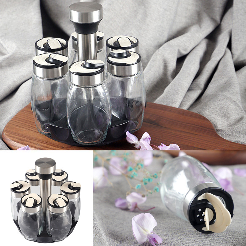 Forgó fűszertartó készletek Üveg Cukor Bors Só Bors Fűszertartó Olaj Ecet Shaker Tartó Konyhai tároló állvány