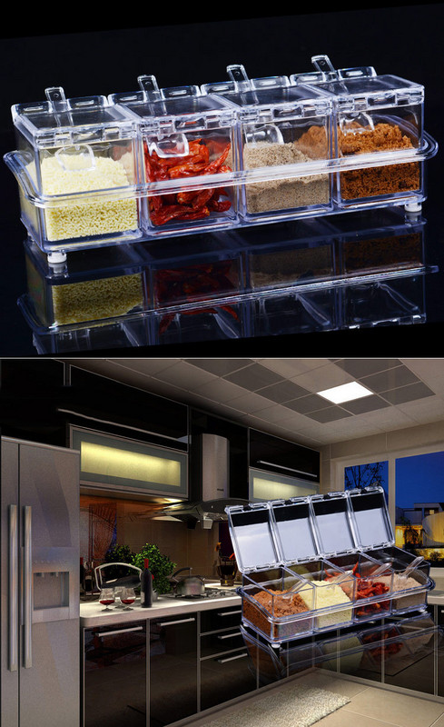 4 buc/lot Organizator de condimente de bucătărie Cutii de depozitare Borcan de condimente Sticlă transparentă de sare de zahăr cu lingură Accesorii de bucătărie