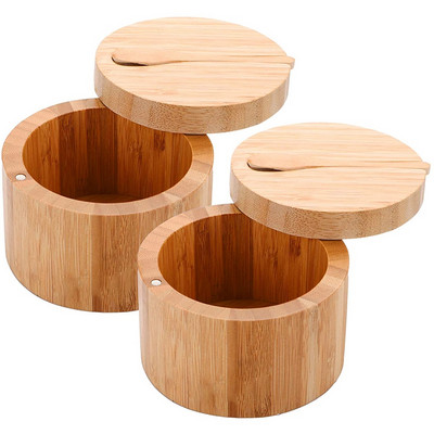 Pachet 2 Cutie de condimente de bambus cu linguri - Cutie de sare de bambus cu capace Recipient de depozitare pentru pivnite de condimente de bambus