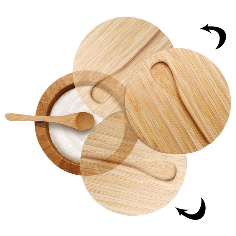 Pachet 2 Cutie de condimente de bambus cu linguri - Cutie de sare de bambus cu capace Recipient de depozitare pentru pivnite de condimente de bambus