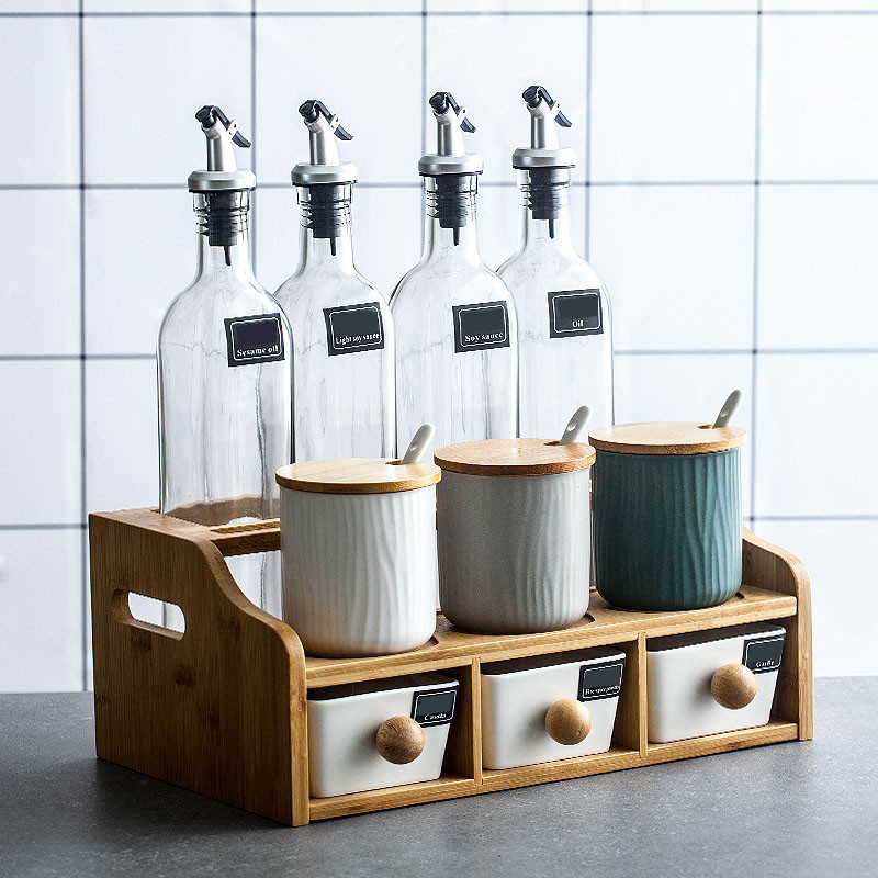 Keraminiai prieskonių stiklainiai Bambuko dangtelis su šaukštu Serviravimo medinis padėklas cukraus puodo indelis Druskos pipirų rinkinys Porcelianinis pagardų indelis