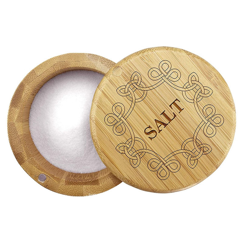 Cutie de sare, cutie de depozitare din bambus cu capac pivotant magnetic, „Sare” gravat pe capac