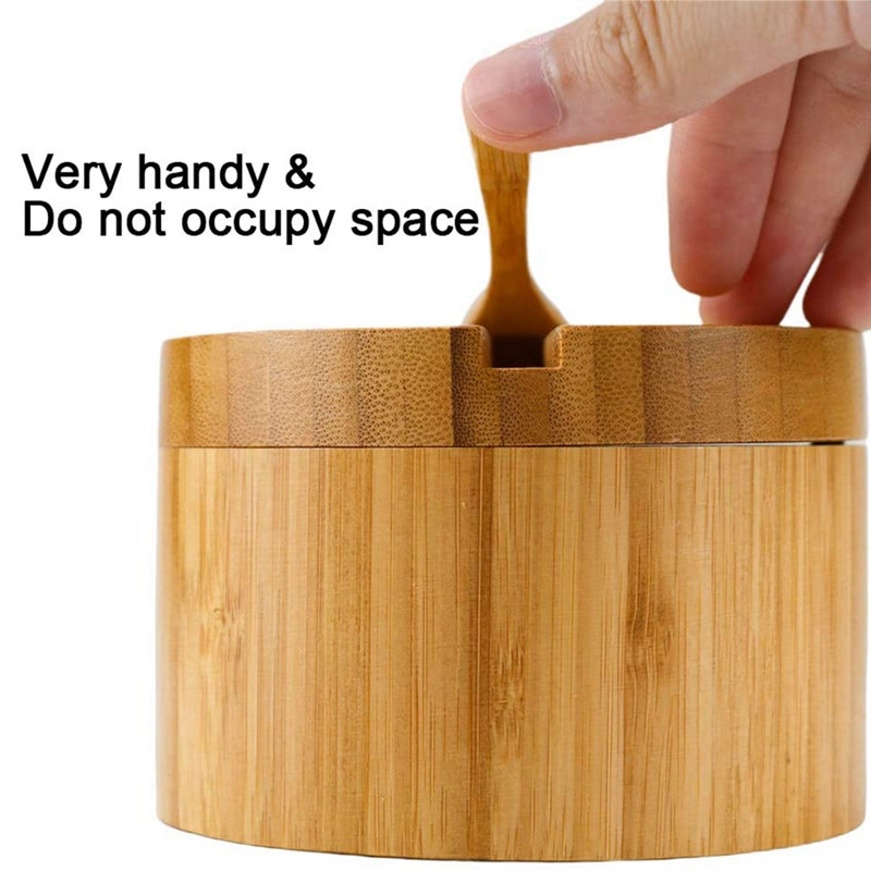 LUDA bambusz fűszeres doboz kanál forgó fedővel Bambusz fűszerező edény mágneses szívófűszeres edény egysejtű sótartó doboz