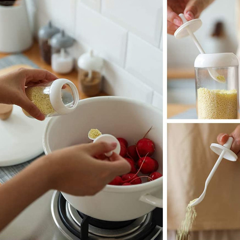 Ghivece pentru condimente LUDA, recipient pentru condimente cu sare, zahăr, borcan rotund de bucătărie transparent cu capac și lingură (2 gri, 2 alb)