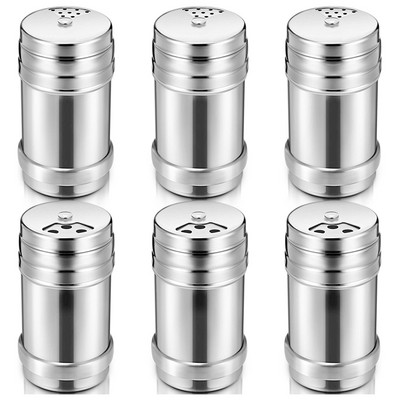 6 Vnt nerūdijančio plieno druskos ir pipirų su besisukančiu dangčiu, cukraus prieskonių prieskoniai, prieskonių indelis, pagardų indelis, virtuvė