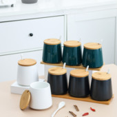 Set de borcane din ceramică pentru condimente Borcan de depozitare pentru condimente Tavă din bambus de uz casnic Borcan pentru condimente Cutie cu sos Sare Cutie de zahăr Unelte pentru organizator de bucătărie