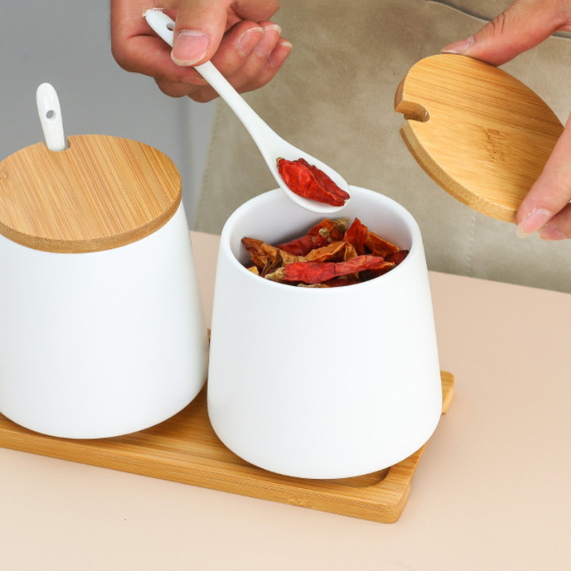 Set de borcane din ceramică pentru condimente Borcan de depozitare pentru condimente Tavă din bambus de uz casnic Borcan pentru condimente Cutie cu sos Sare Cutie de zahăr Unelte pentru organizator de bucătărie
