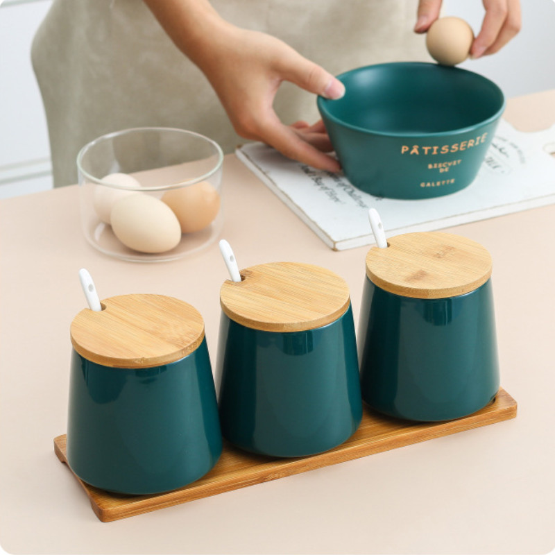 Set de borcane din ceramică pentru condimente Borcan de depozitare pentru condimente Tavă din bambus de uz casnic Borcan pentru condimente Cutie cu sos Sare Cutie de zahăr Unelte pentru organizator de bucătărie