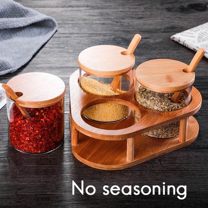 Βαζάκια καρυκεύματα με κουτάλι μπαμπού και καπάκια σετ κουτί μπαχαρικών για αλάτι Ζάχαρη πιπεριά κουτί μπαχαρικών Προμήθειες κουζίνας