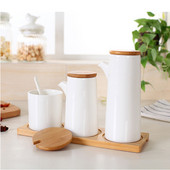 3vnt Keraminis prieskonių butelis šiaurietiško stiliaus virtuvės prieskonių indelių rinkinys mediniu dangteliu Druskos plaktuvas prieskonių indelio virtuvės priedai