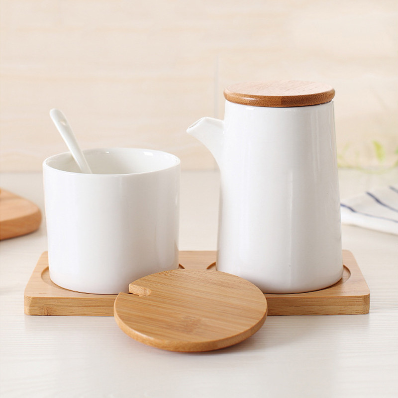 3vnt Keraminis prieskonių butelis šiaurietiško stiliaus virtuvės prieskonių indelių rinkinys mediniu dangteliu Druskos plaktuvas prieskonių indelio virtuvės priedai