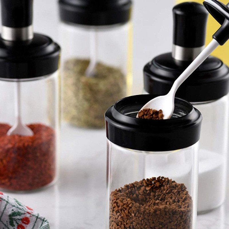 Borcan de sticlă pentru condimente cu lingură de servire și capac cu șurub Cutie de condimente Condiment Sare pentru depozitare zahăr Sticla de alimente pentru bucătărie de acasă