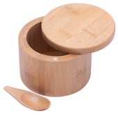 Új bambusz fa és fűszer tároló doboz, fedéllel, fa teáskanál. Természetes és környezetbarát, tökéletes cukor, só (2 db)