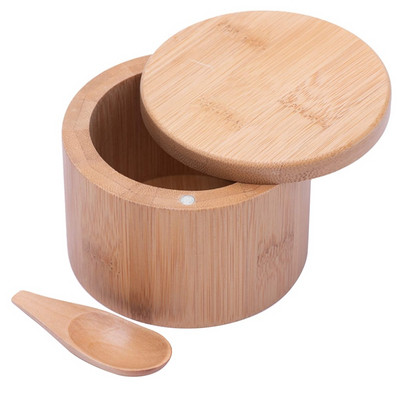 Új bambusz fa és fűszer tároló doboz, fedéllel, fa teáskanál. Természetes és környezetbarát, tökéletes cukor, só (2 db)