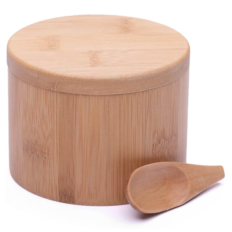 Új bambusz fa és fűszer tároló doboz, fedéllel, fa teáskanál. Természetes és környezetbarát, tökéletes cukor, só (2 db)