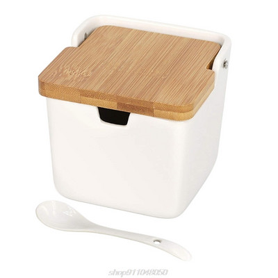 Keraminių cukraus dubenėlių rinkinys cukrui patiekti prieskonių druską su šaukštais ir bambuko dangteliais kvadratiniais porcelianiniais pagardų stiklainiukais „Dropship“