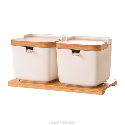 Keraminių cukraus dubenėlių rinkinys cukrui patiekti prieskonių druską su šaukštais ir bambuko dangteliais kvadratiniais porcelianiniais pagardų stiklainiukais „Dropship“