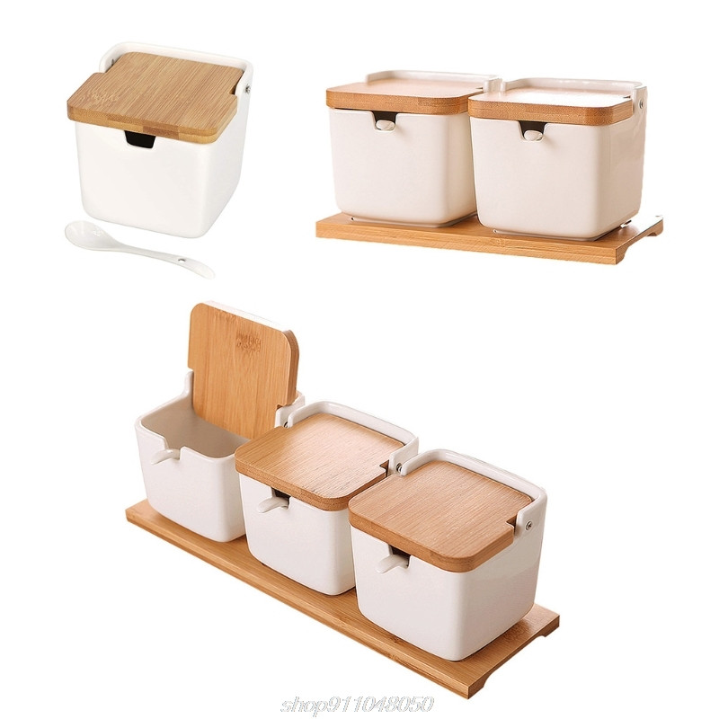 Keraminių cukraus dubenėlių rinkinys cukrui patiekti prieskonių druską su šaukštais ir bambuko dangteliais kvadratiniais porcelianiniais pagardų stiklainiukais „Dropship“