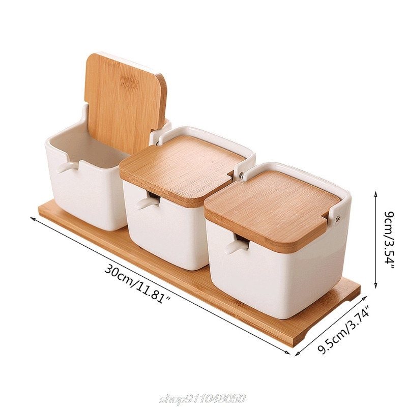 Keraminių cukraus dubenėlių rinkinys cukrui patiekti prieskonių druską su šaukštais ir bambuko dangteliais kvadratiniais porcelianiniais pagardų stiklainiukais „Dropship“