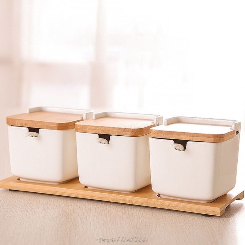 Keraminių cukraus dubenėlių rinkinys cukrui patiekti prieskonių druską su šaukštais ir bambuko dangteliais kvadratiniais porcelianiniais pagardų stiklainiukais „Dropship“