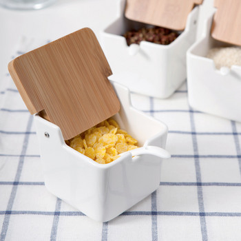 Κουζίνα Μπαχαρικά Μπολ με κουτάλι & πορσελάνινο κουτί και κάλυμμα από μπαμπού - Δοχείο αποθήκευσης Βαζάκια καρυκεύματα Κεραμική σχάρα καρυκευμάτων