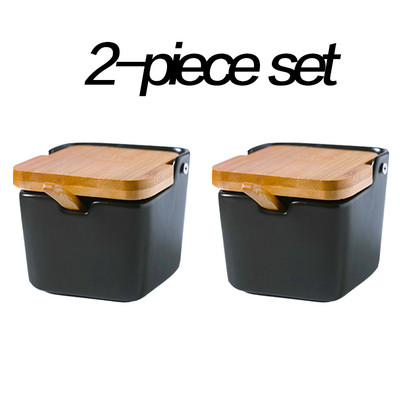 oale de condimente de bucătărie Boluri cu lingură și cutie de porțelan și capac din bambus - recipient de depozitare borcane pentru condimente Suport ceramic pentru condimente